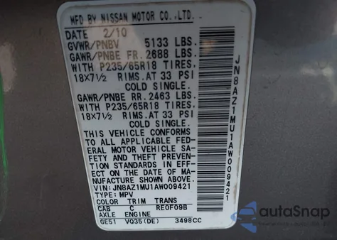 2010 Nissan Murano Sl z USA, uszkodzony, nr VIN JN8AZ1MU1AW009421